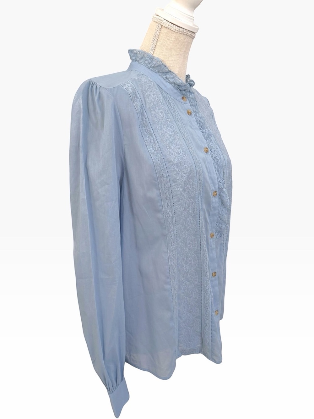 Sézane Chlo Shirt Vintage Blue Lace Ruffle Collar Size 42/10/ M US Cottagecoe - Picture 3 of 14
